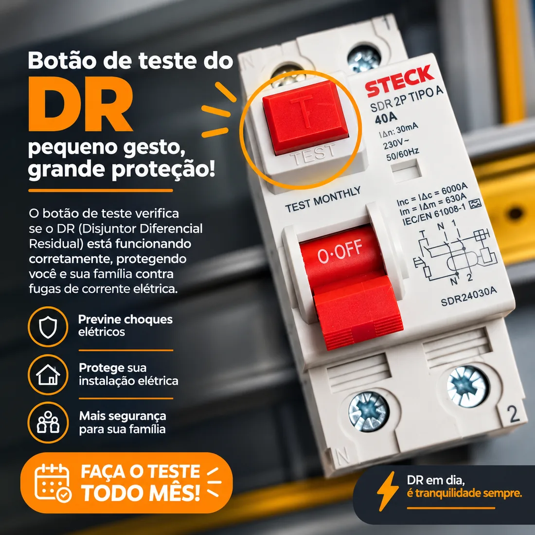 Botão de teste (T ou TEST) do dispositivo DR/IDR no quadro de distribuição