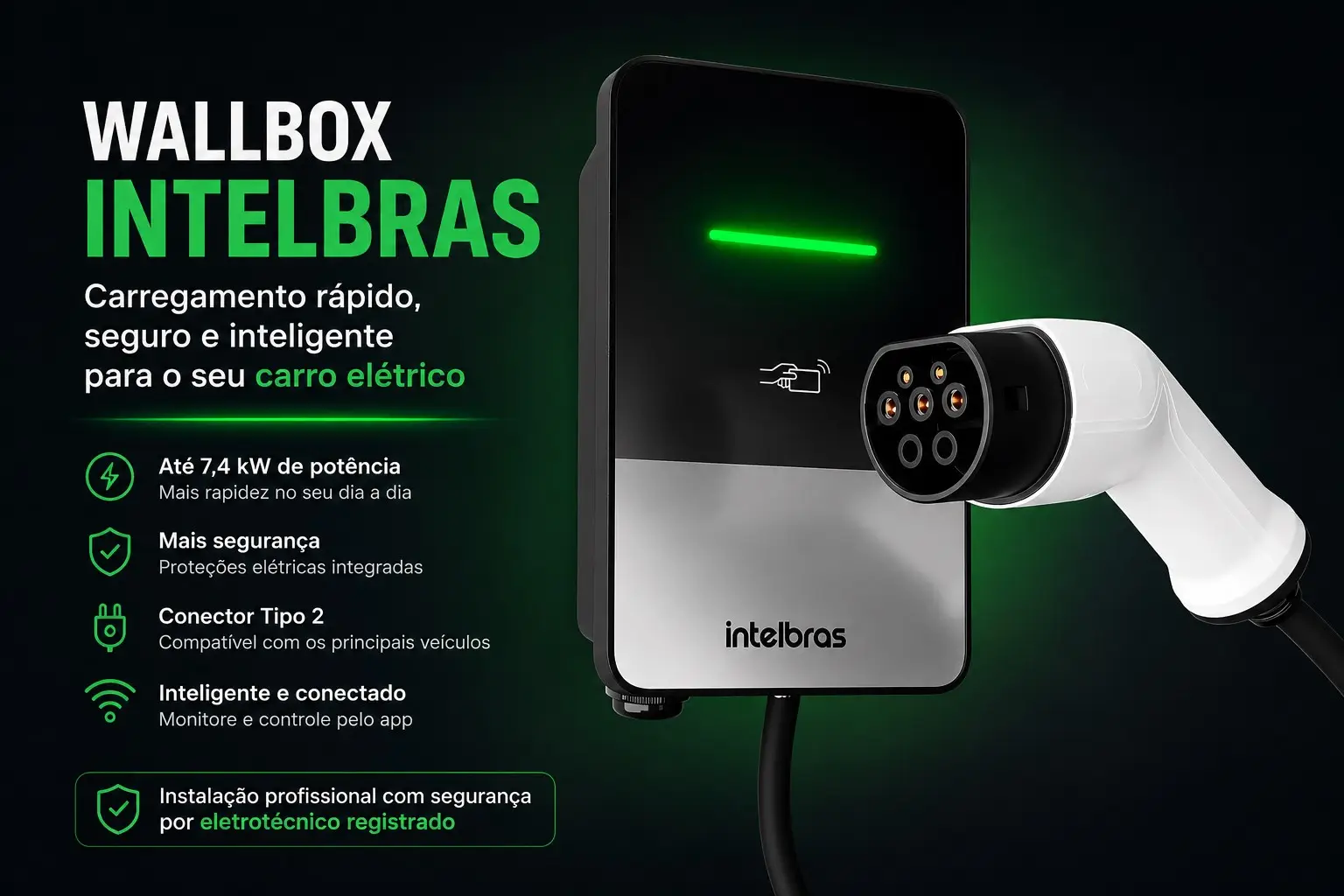 Wallbox Intelbras — carregamento rápido, seguro e inteligente para o seu carro elétrico. Até 7,4kW, proteções elétricas integradas, conector Tipo 2, instalação profissional por eletrotécnico registrado
