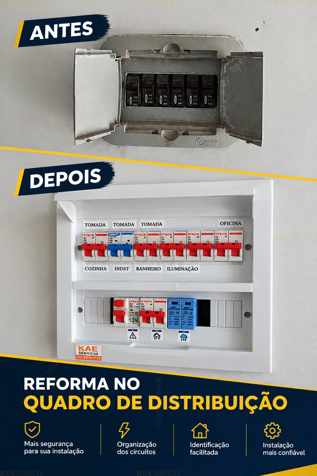 Antes E Depois Da Reforma No Quadro De Disjuntores realizado pela KAE Services em Jundiai e Regiao