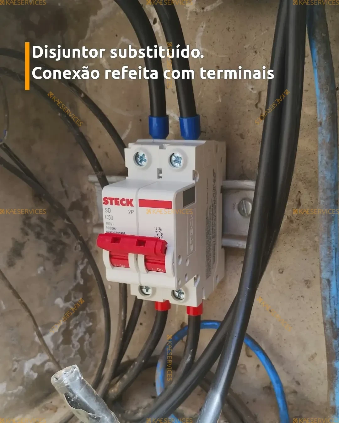 Disjuntor Marca Steck Substituido Conexao Refeita Com Terminais realizado pela KAE Services em Jundiai e Regiao